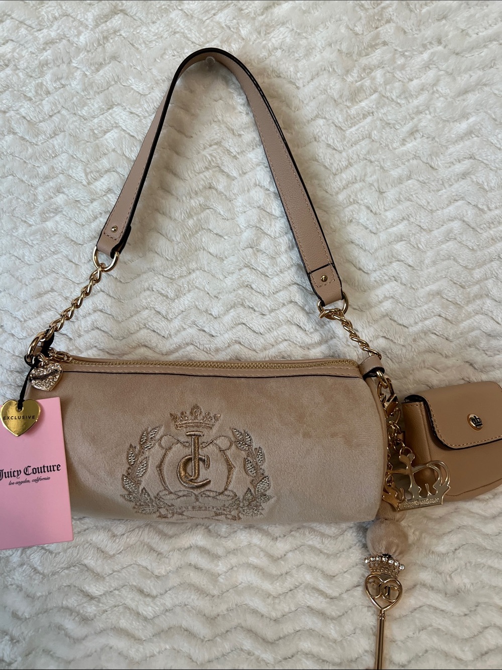 Juicy Couture Beige Suede Shoulder Bag with Gold Key Charm